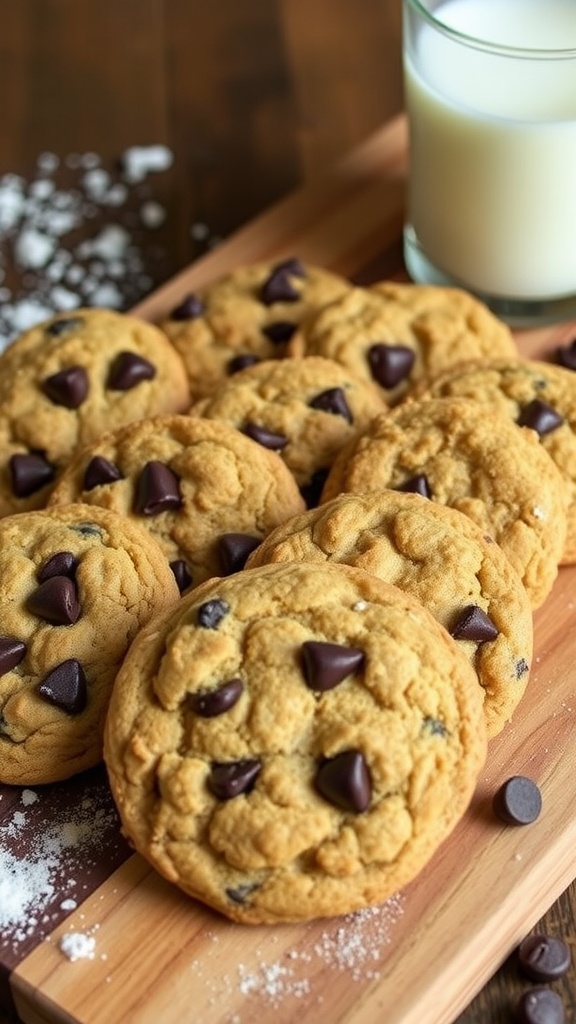An assortment of freshly baked cookies including chocolate chip, oatmeal raisin, and peanut butter on a wooden platter with a glass of milk.